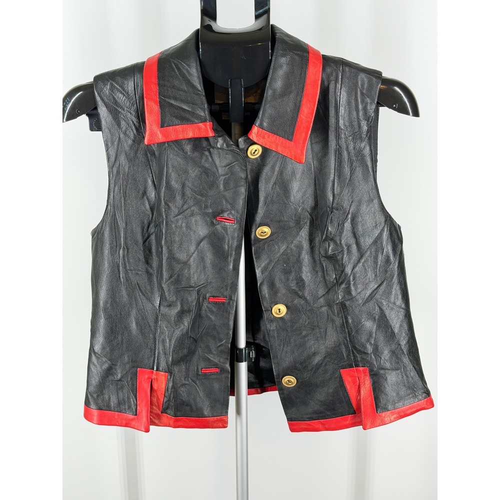 Margaret Godfrey Vintage Leather Vest Black Red Colorblock Button Front Womens M
